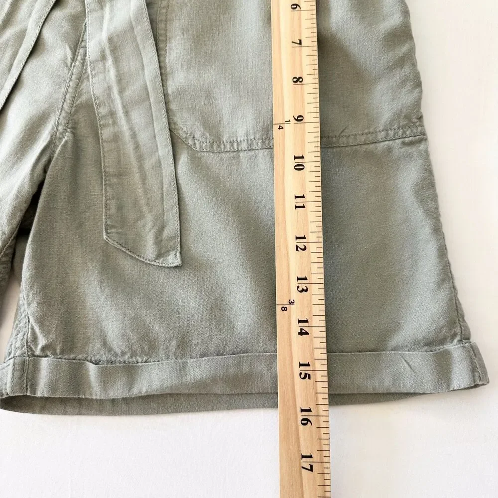FatFace Linen Blend Shorts Womens US 6 Green Pistachio Tie Waist Cuffed Paperbag